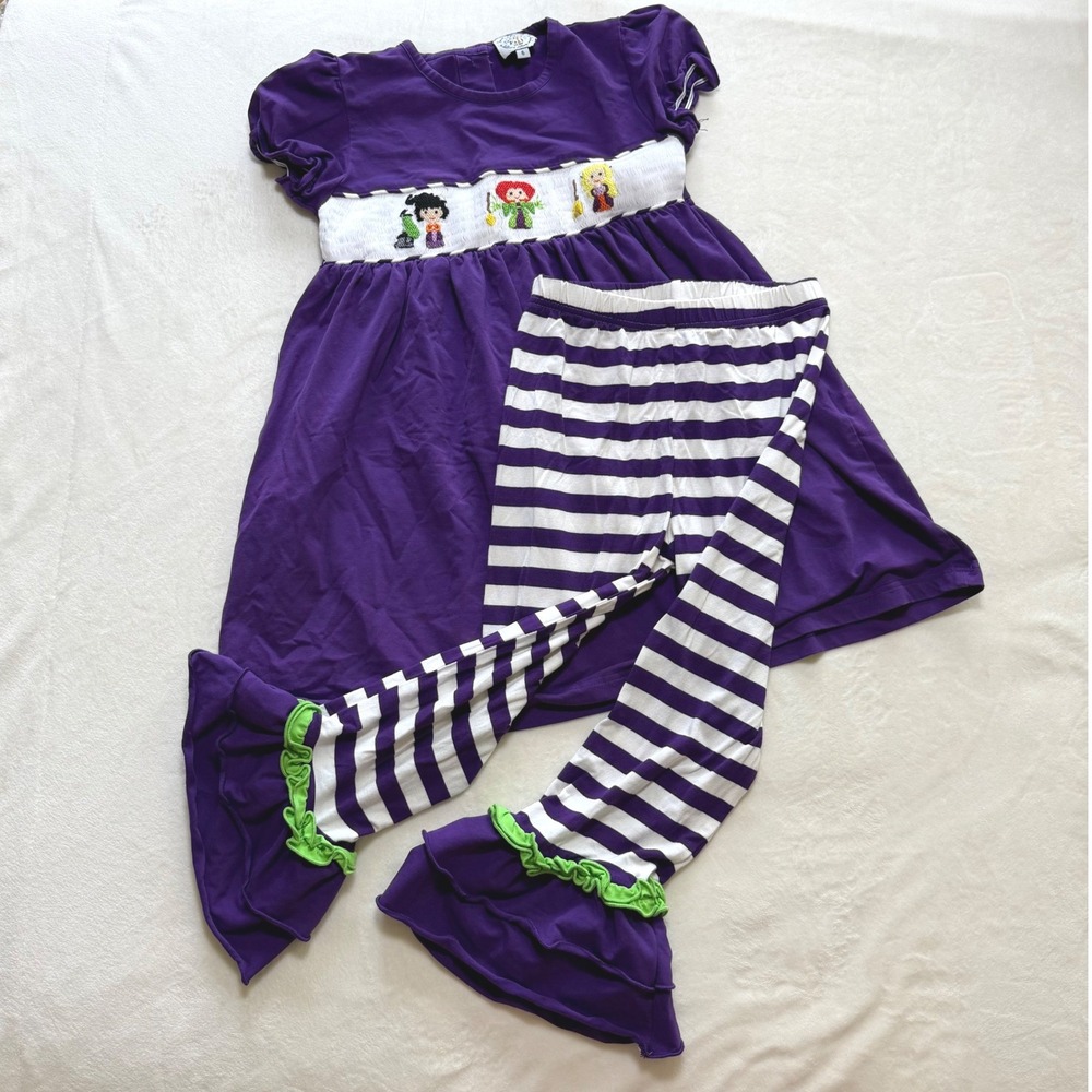 Sweet Southern Smocks Halloween Witch Dress Leggings Set Kids 6 Purple Smocked